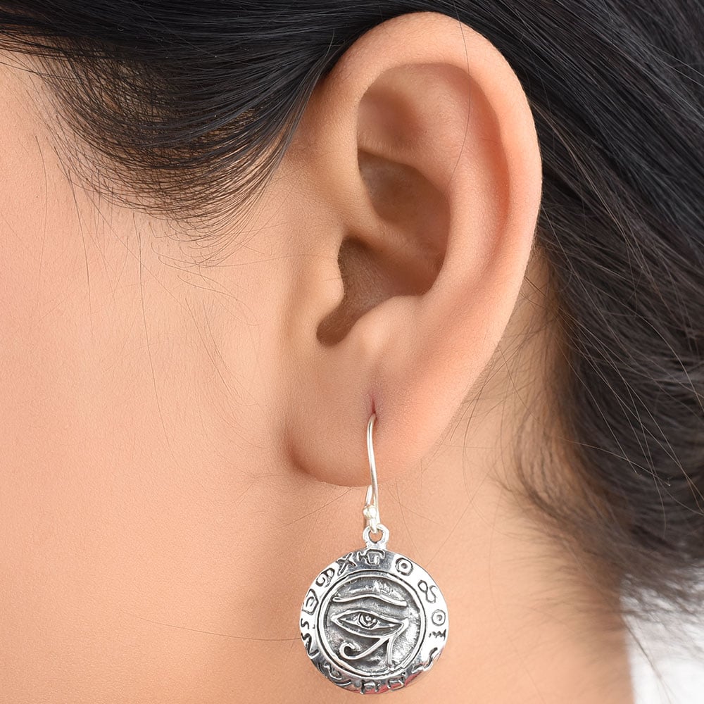 Front view of reet evil eye charm earrings in 92.5 Sterling Silver