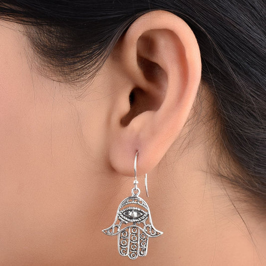 Front view of reet hamsa hand evil earrings in 92.5 Sterling Silver