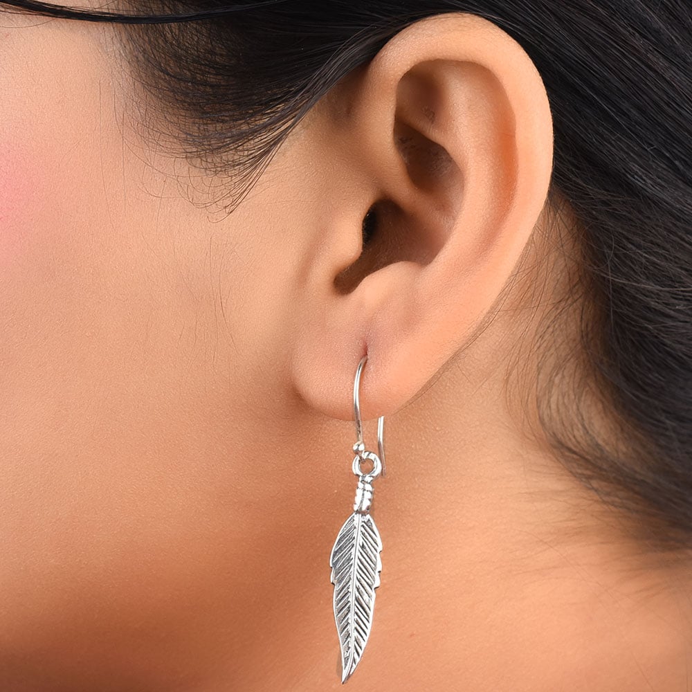 Front view of vanika leaf dangle earrings in 92.5 Sterling Silver