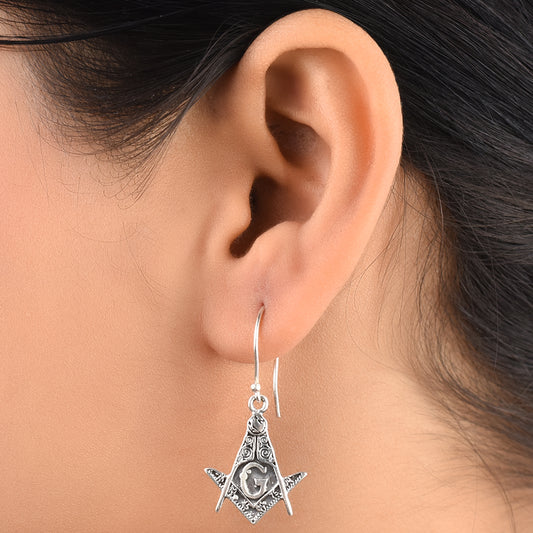 Front view of banjara g letter engraved earrings in 92.5 Sterling Silver