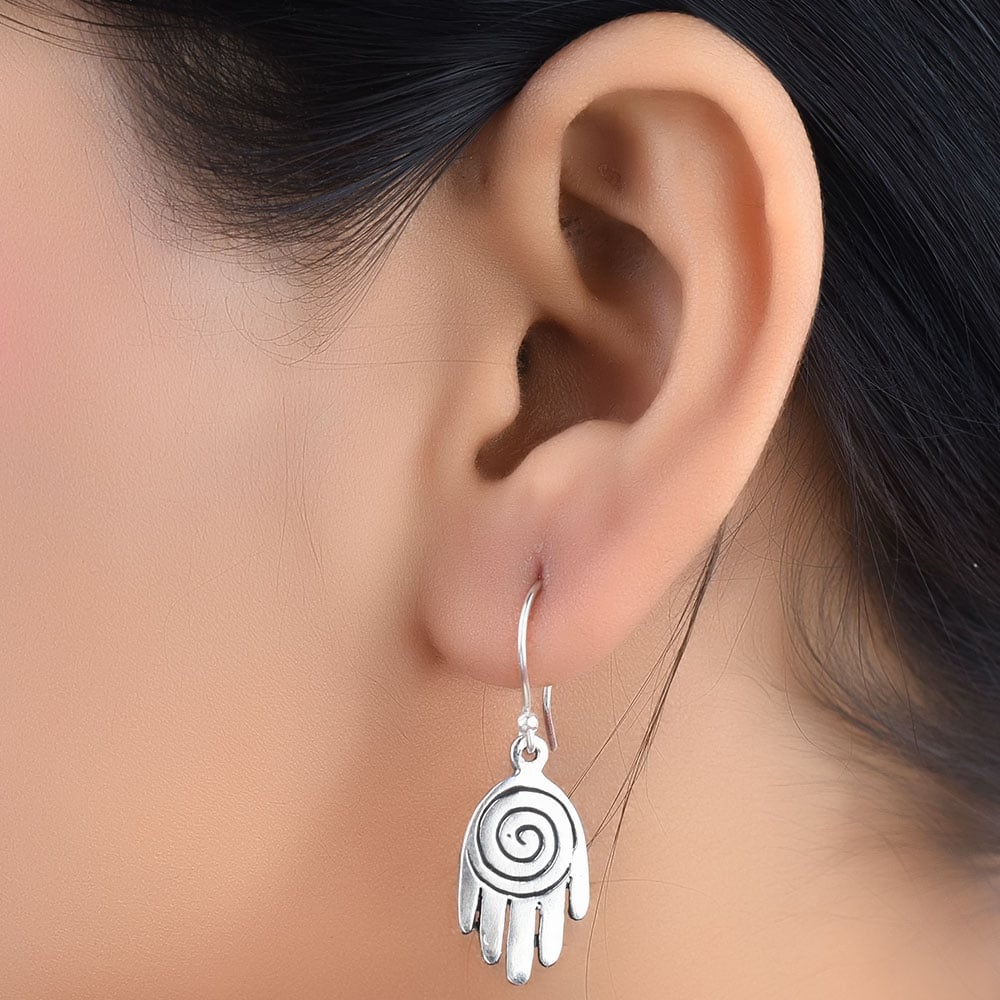 Front view of ghoom small spiral design earrings in 92.5 Sterling Silver