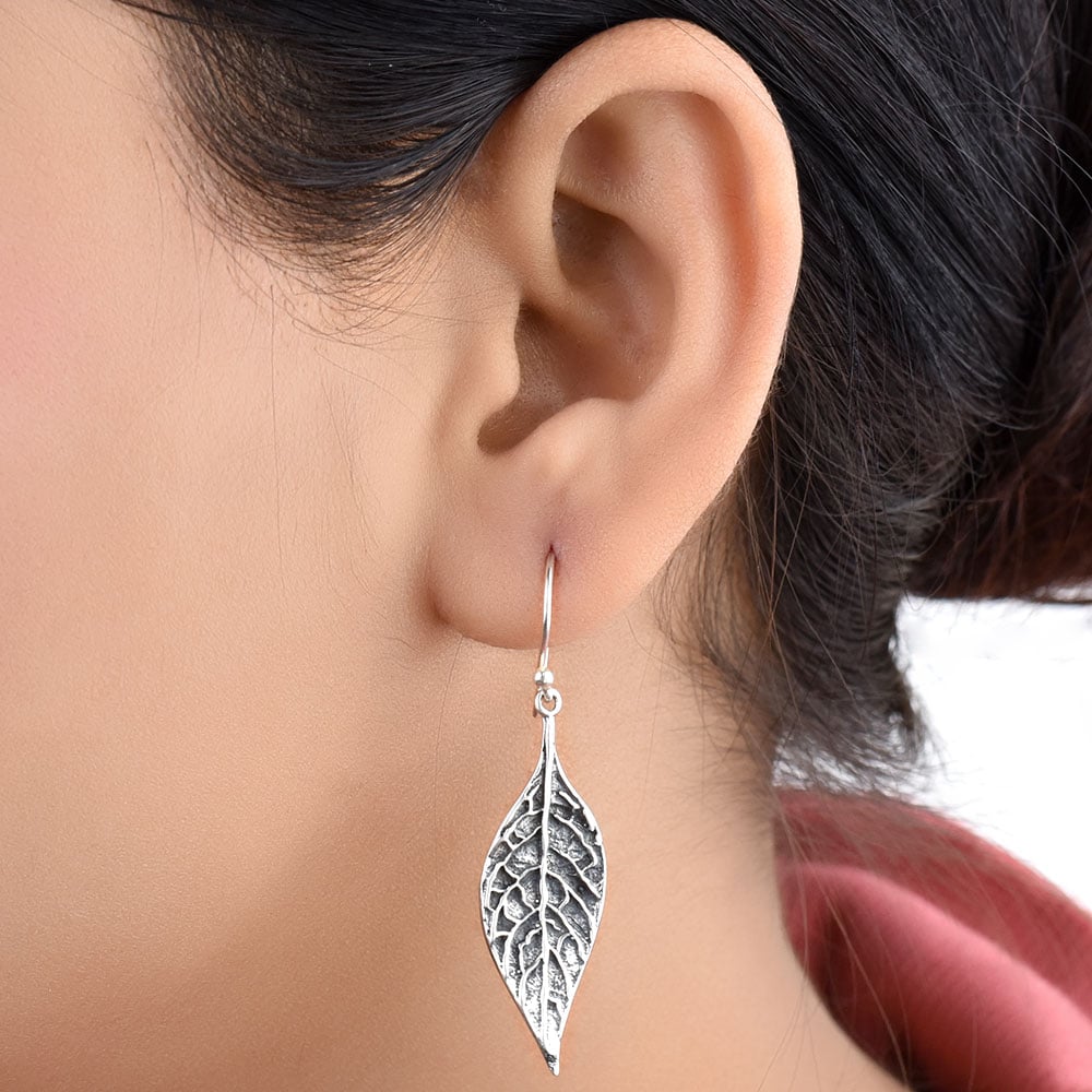 Front view of vanika leaf earrings in 92.5 Sterling Silver