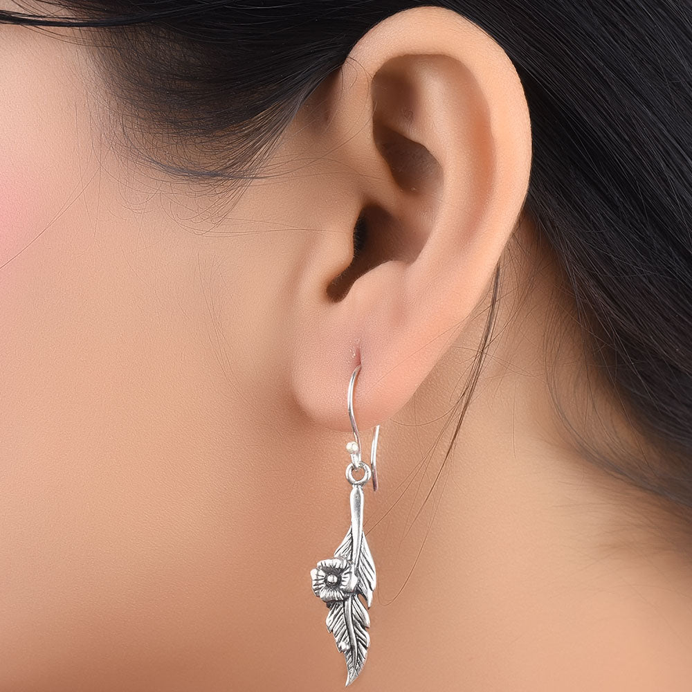 Front view of gul leaf earrings in 92.5 Sterling Silver
