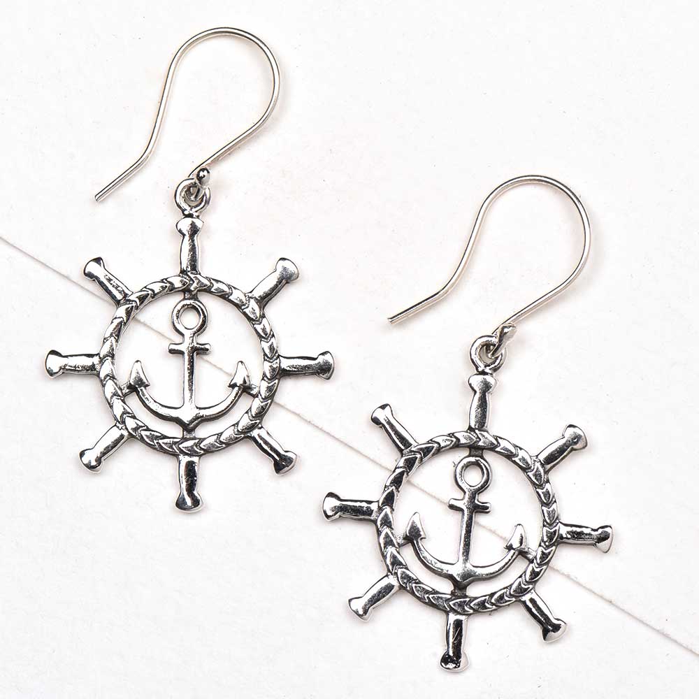 Detailed shot highlighting the craftsmanship of 92.5 sterling silver anchor ship wheel earrings