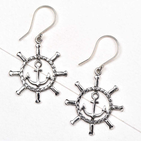 Detailed shot highlighting the craftsmanship of 92.5 sterling silver anchor ship wheel earrings