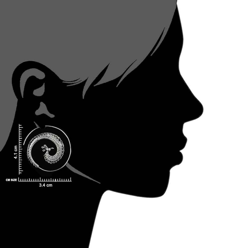 Detailed shot highlighting the craftsmanship of 92.5 sterling silver peacock earrings