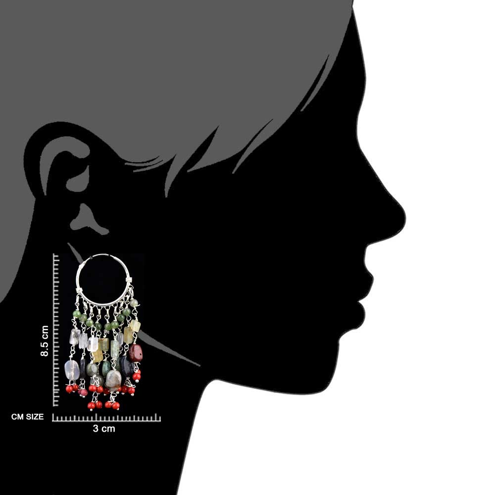 Glamour shot of Multicolor Handmade Stone Dangle Hoop Earrings in 925 Silver, high-polish 92.5 Sterling Silver