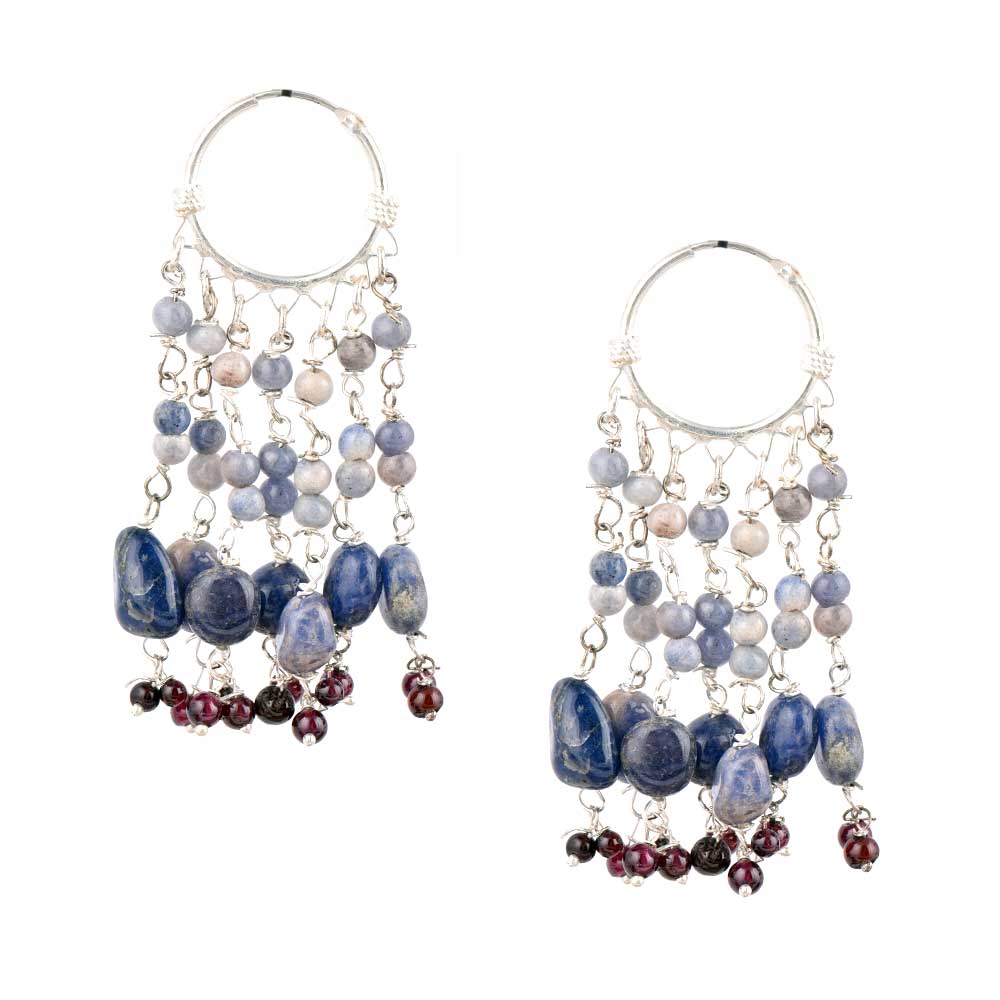 Detail of handmade craftsmanship on Blue Stone Boho Hoop Earrings in 925 Silver earrings in 92.5 Sterling Silver