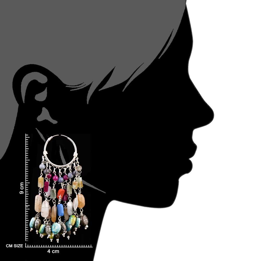 Glamour shot of Multicolor Tribal Chandelier Multi Hoop Earrings in 925 Silver, high-polish 92.5 Sterling Silver
