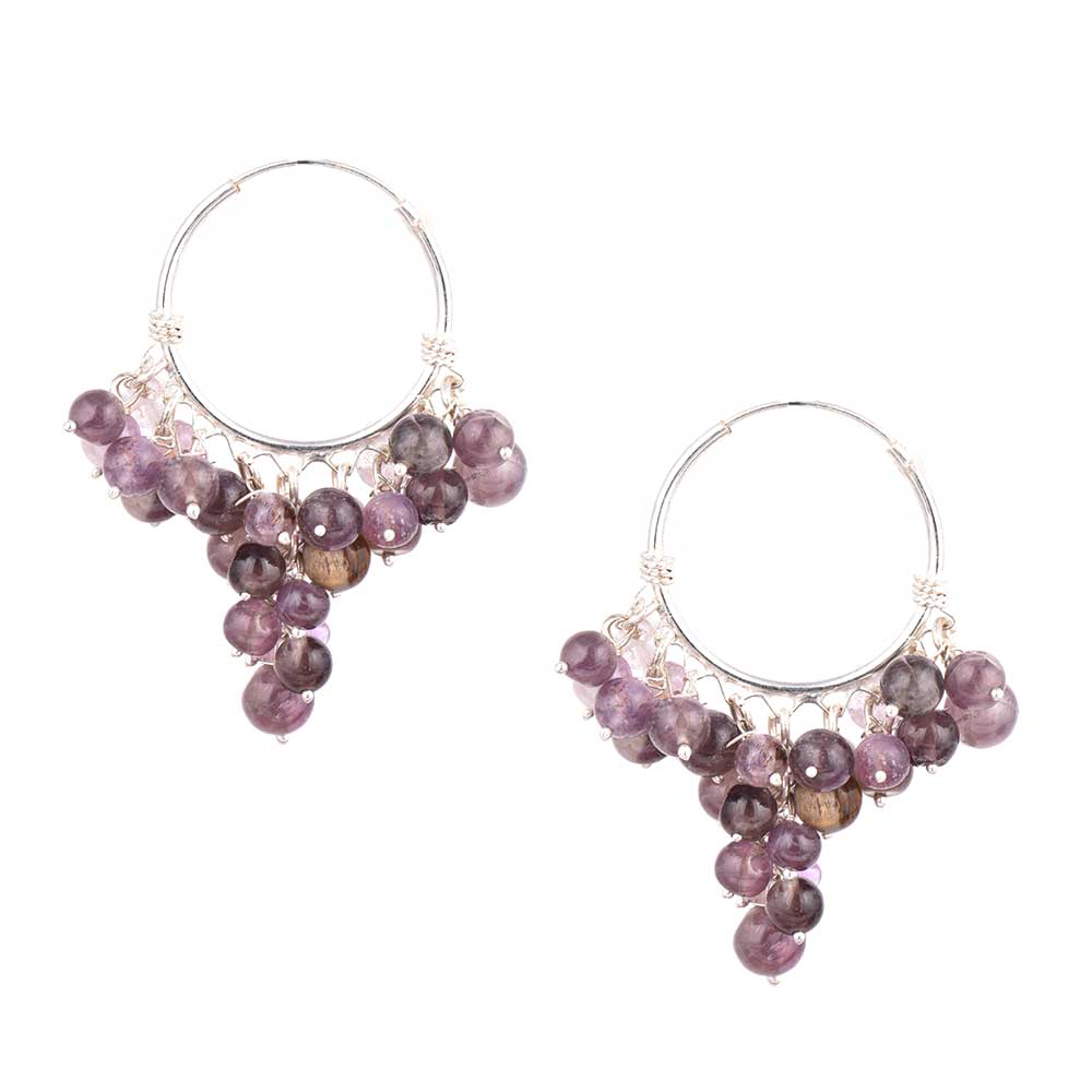 Detail of handmade craftsmanship on Dangle Grape Bunch Dangle Earrings in 925 Silver earrings in 92.5 Sterling Silver