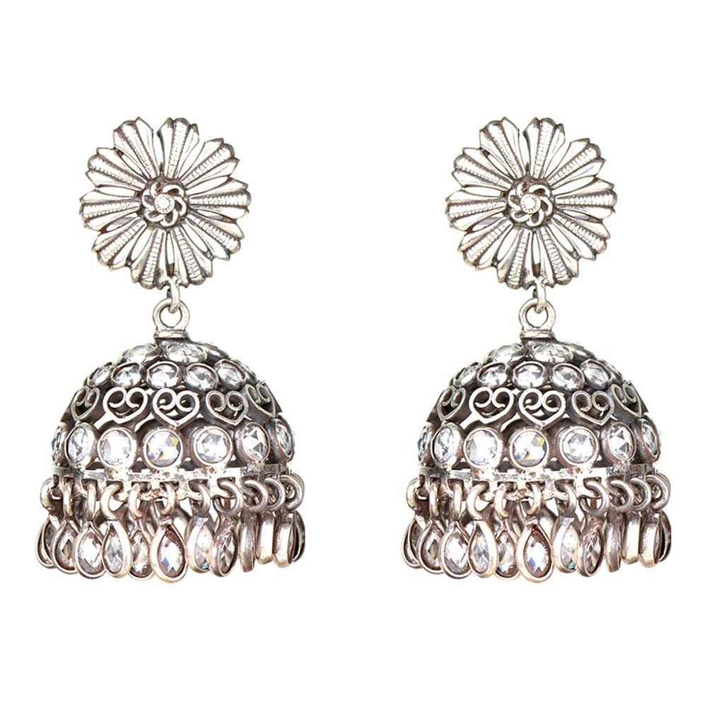Artistic close-up showcasing 92.5 sterling silver floral jhumki earrings