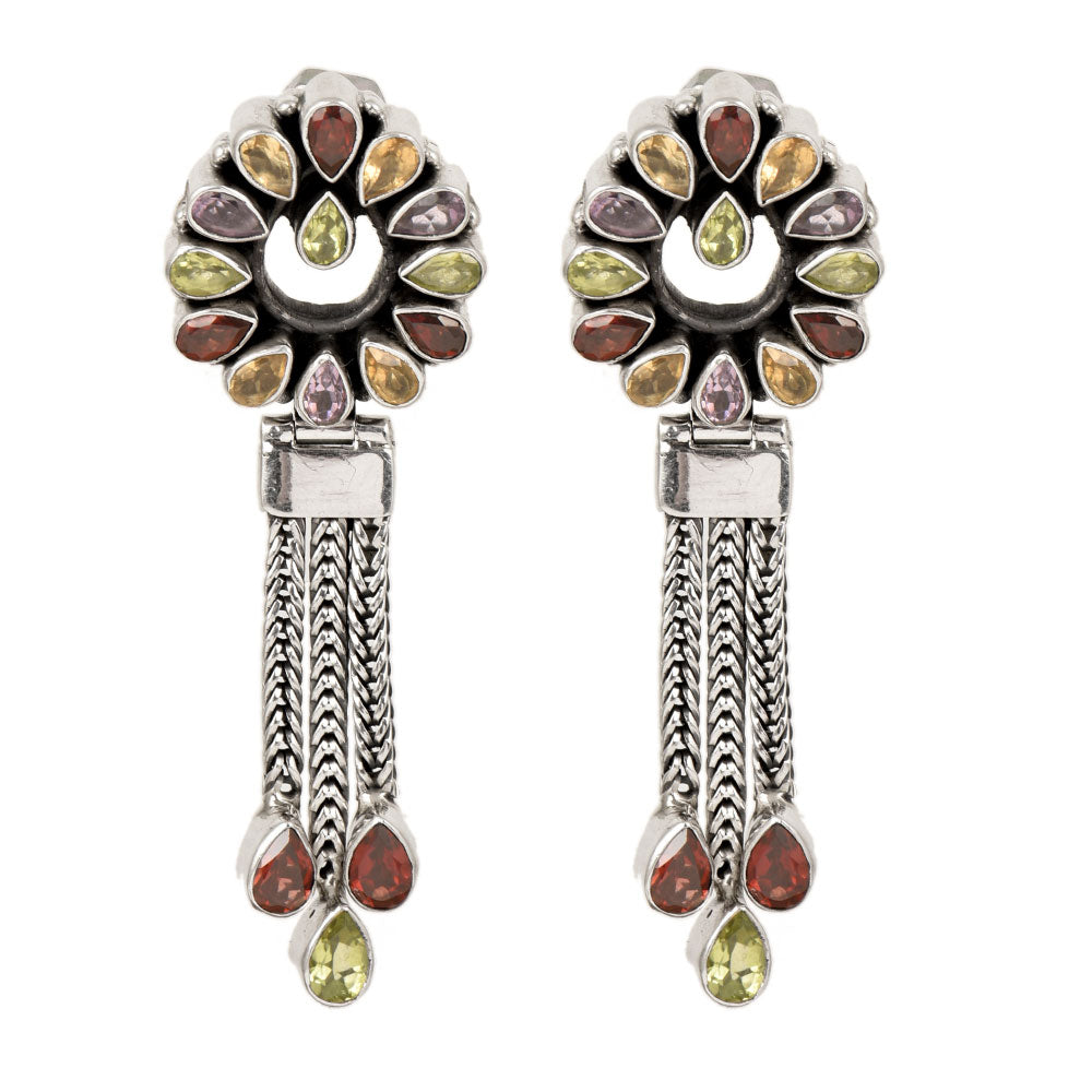 Lifestyle image of Amethyst Dangle Earrings complementing an outfit, with 92.5 Sterling Silver.