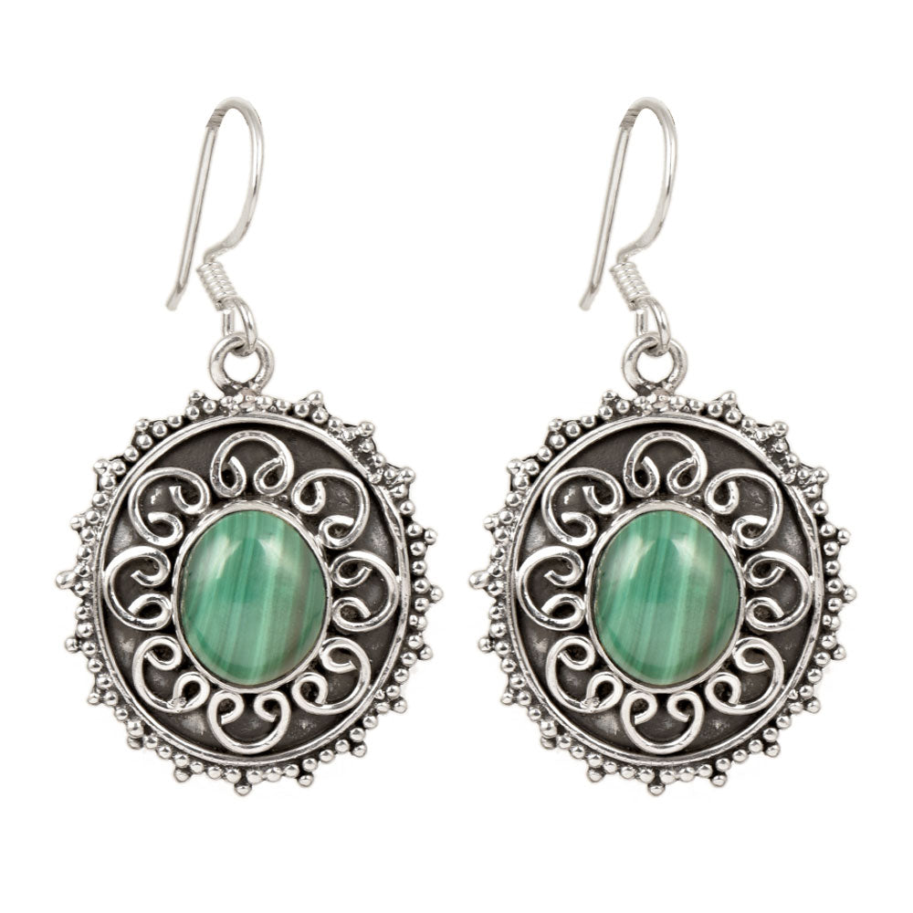Focus on the malachite drop motif of these malachite drop earrings.