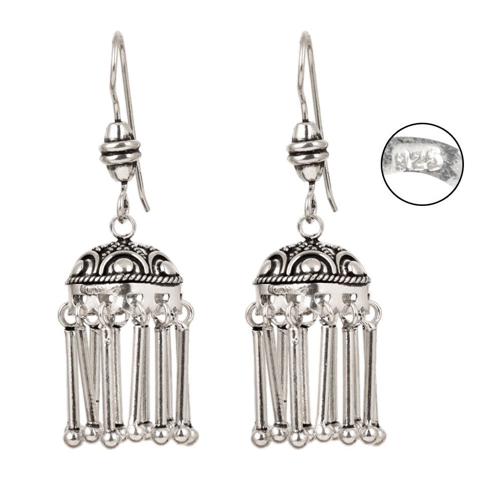 Focus on the sliver dome motif of these sliver dome shaped jhumki earrings.