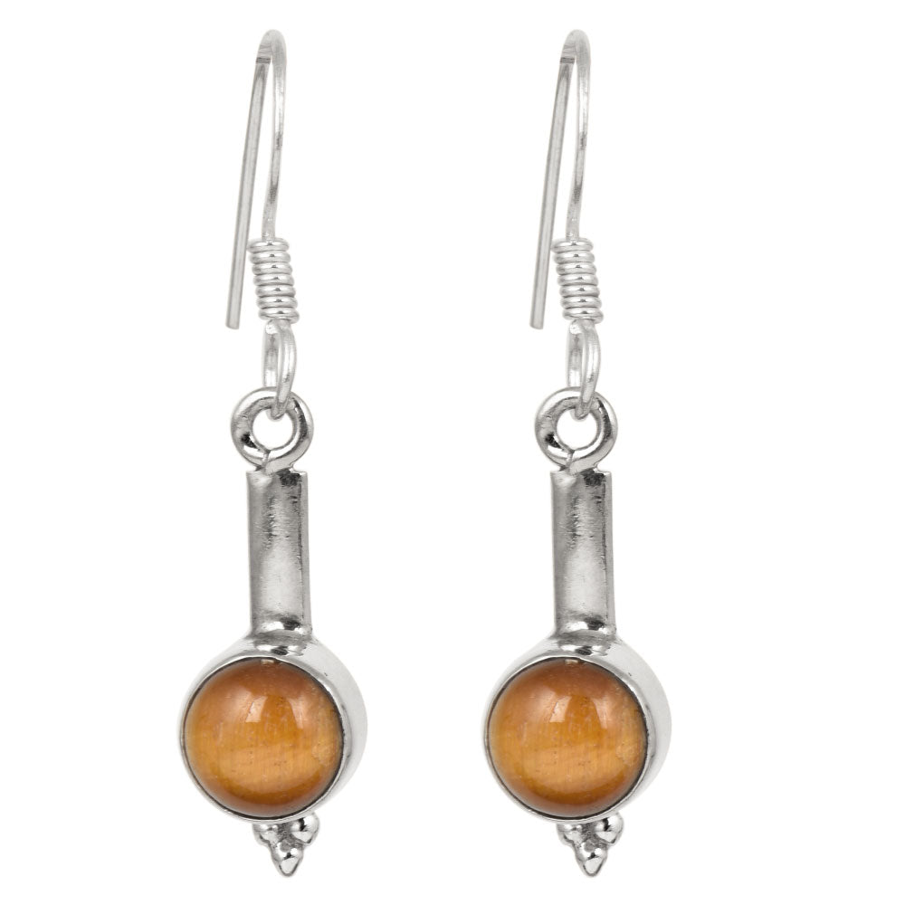 Profile shot capturing texture of Reet tiger eye hook earrings in 92.5 Sterling Silver.