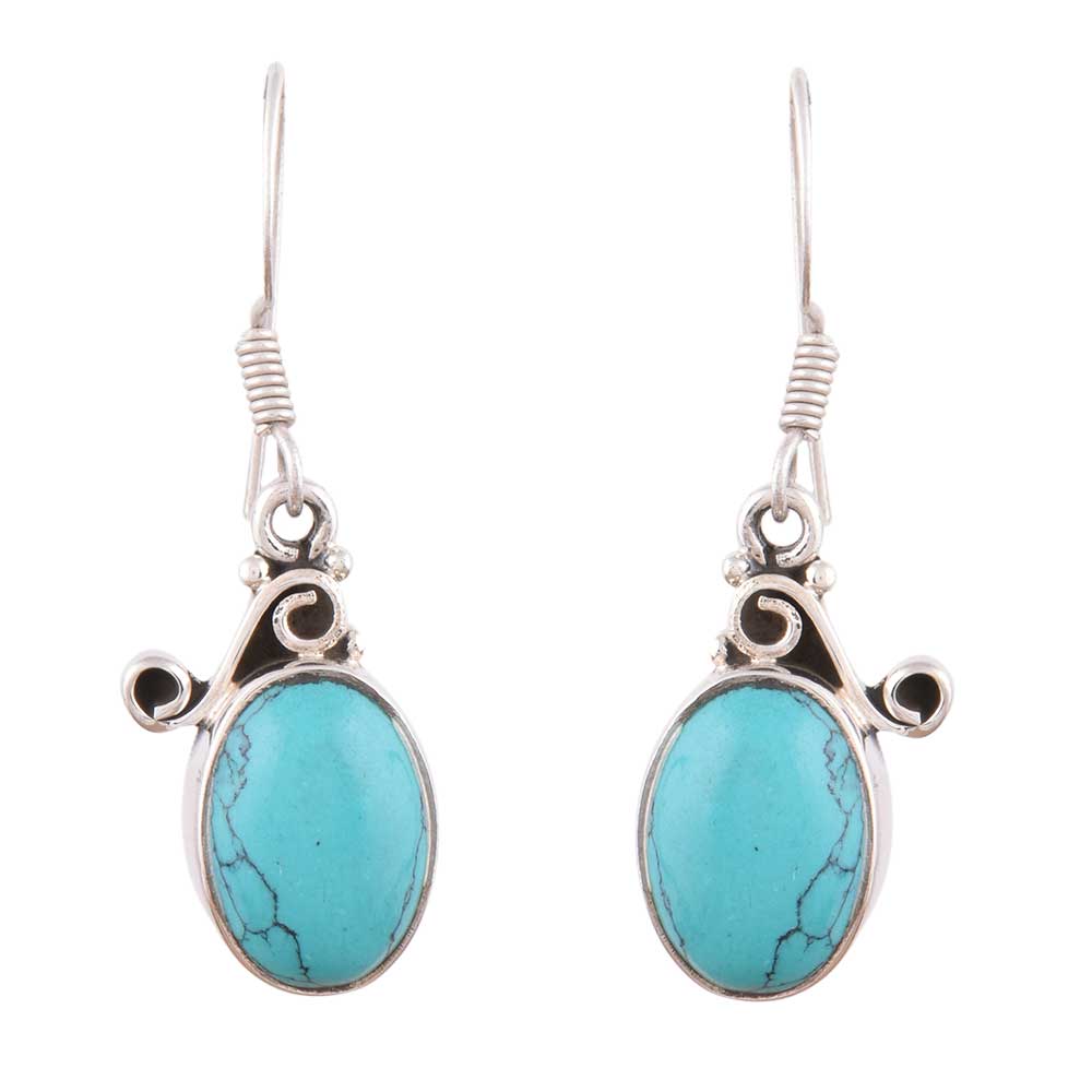 Macro shot capturing the texture and finish of the 92.5 Sterling Silver Turquoise Floral Dangle Earrings.