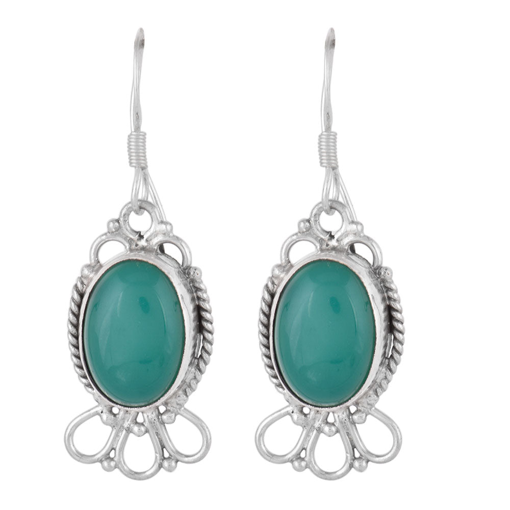 Artisan finishing on green onyx floral earrings with 92.5 Sterling Silver