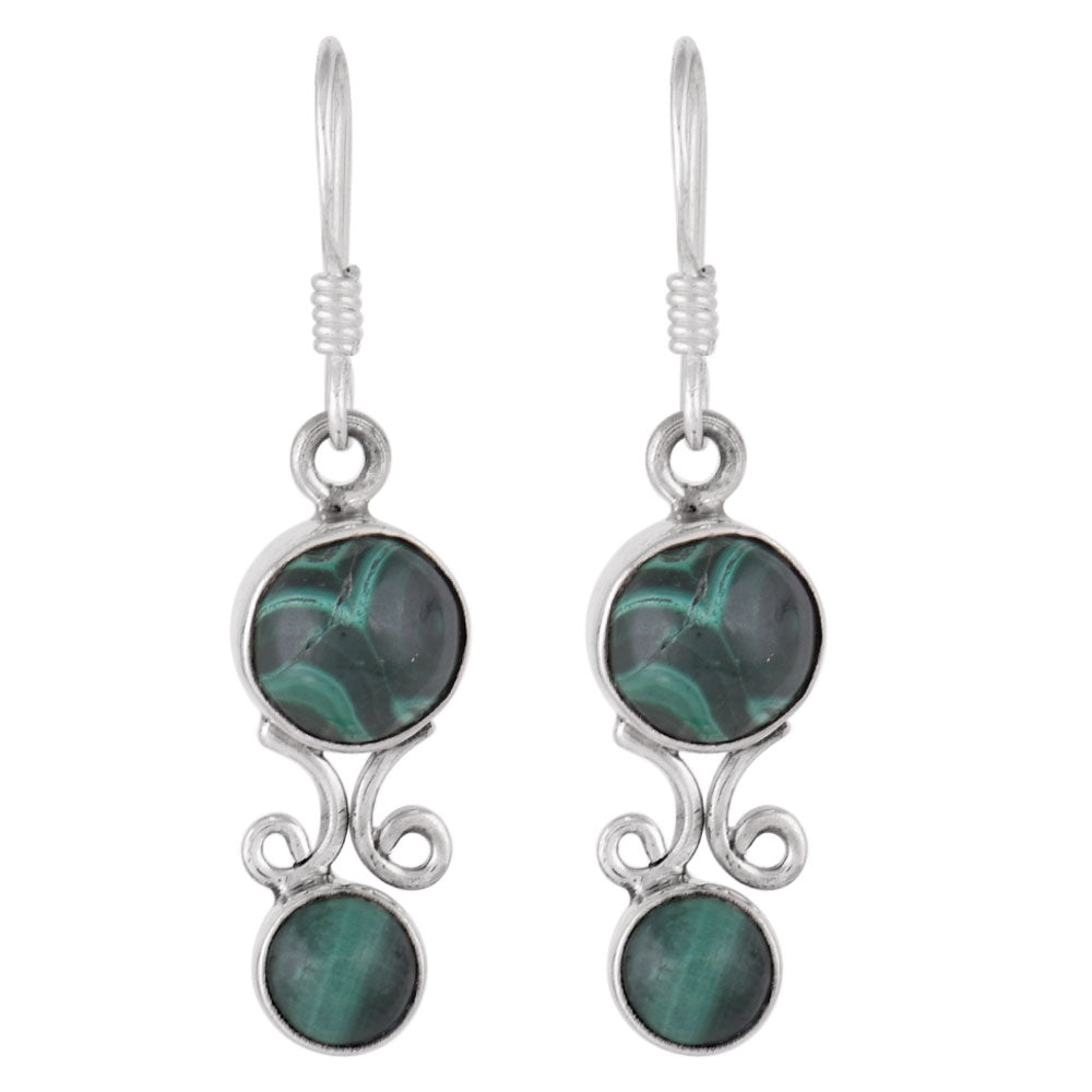 Artisan finishing on malachite round earrings with 92.5 Sterling Silver