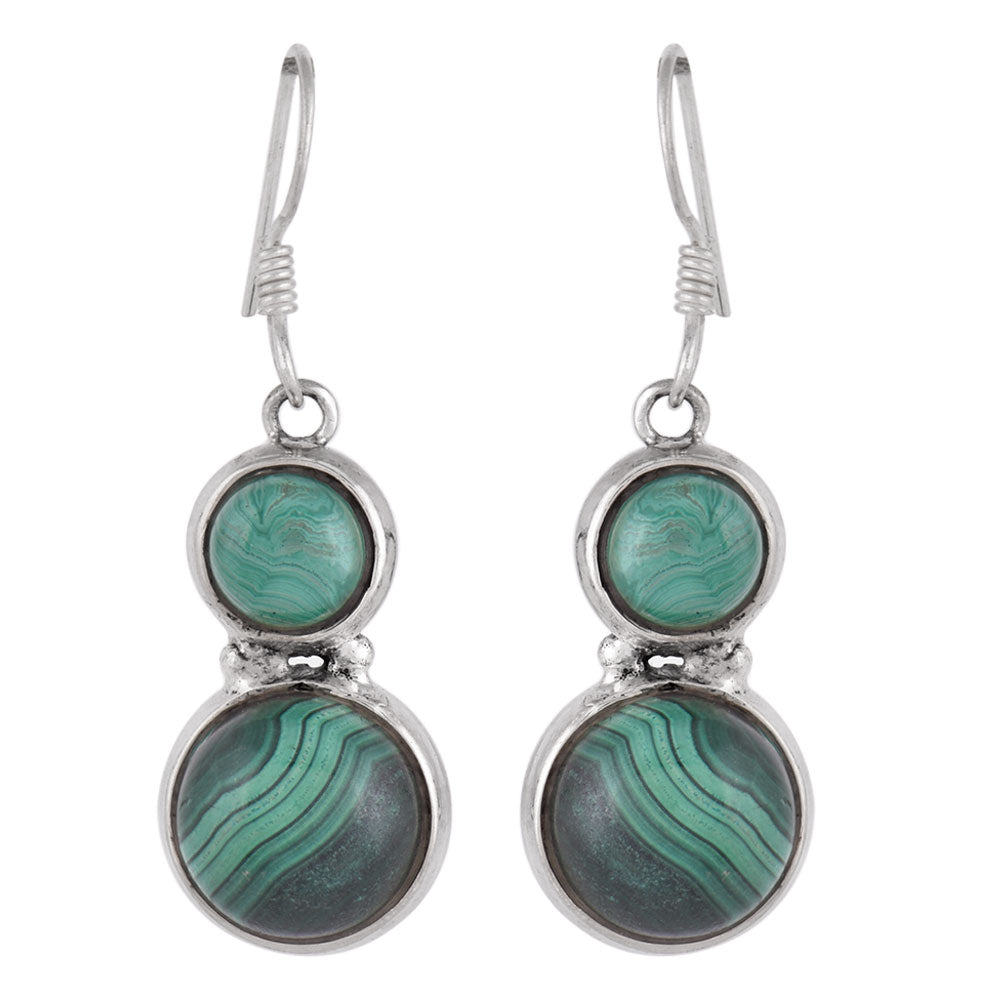 Artisan finishing on malachite round earrings with 92.5 Sterling Silver