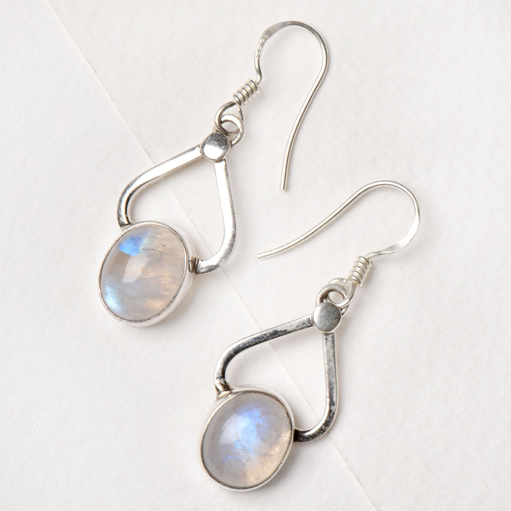 Detail of Moonstone Moon Earrings showing the artisanal workmanship and 92.5 Sterling Silver sheen