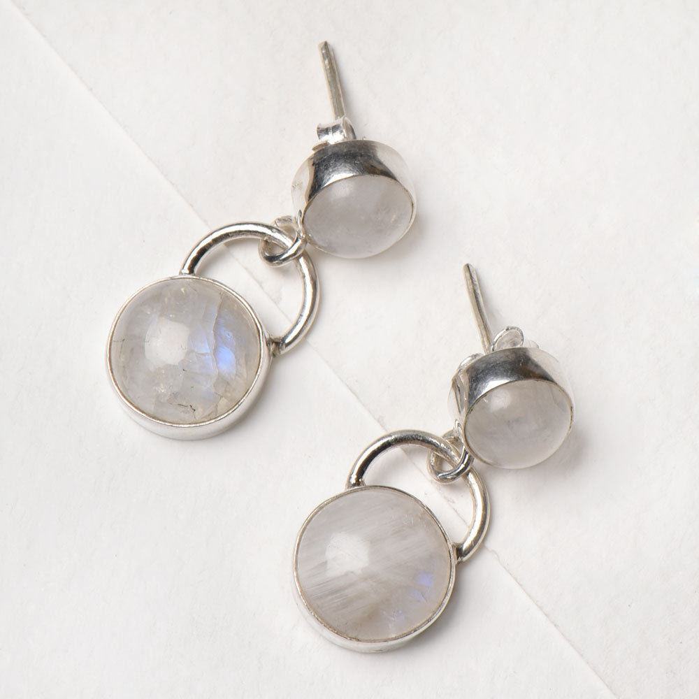 Detail of Moonstone Moon Drop Earrings showing the artisanal workmanship and 92.5 Sterling Silver sheen