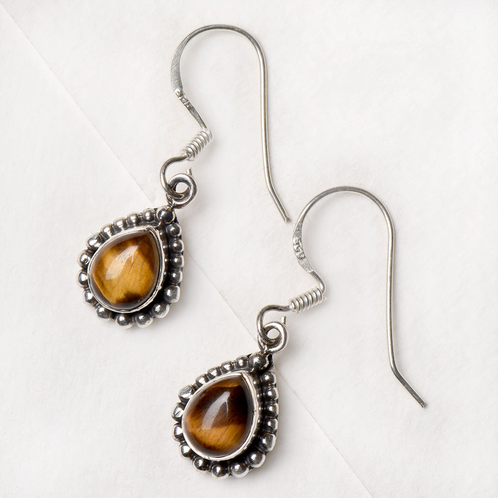 Detail of Tiger Eye Stone Earrings showing the artisanal workmanship and 92.5 Sterling Silver sheen