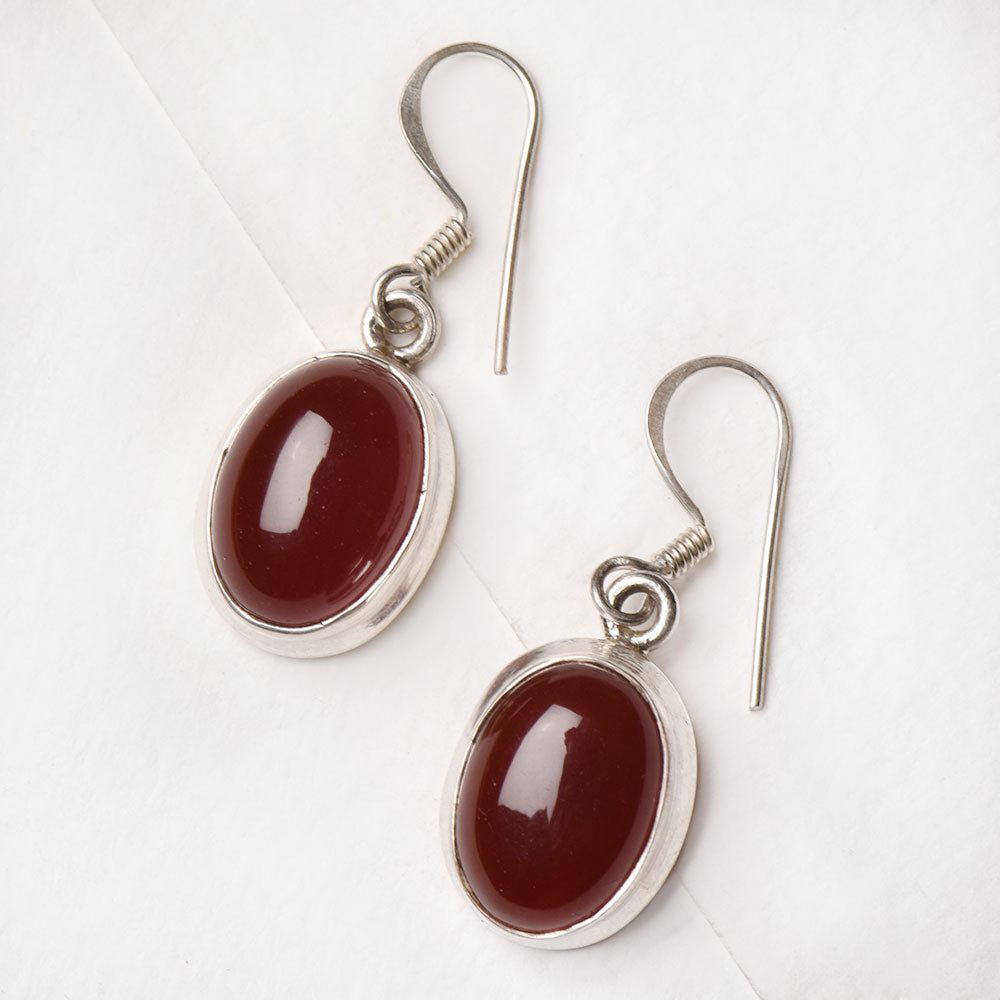 Detail of Carnelian Earrings showing the artisanal workmanship and 92.5 Sterling Silver sheen