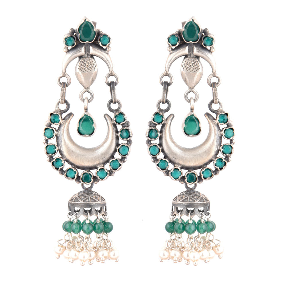Artisan made green onyx chandbali earrings in 925 silver