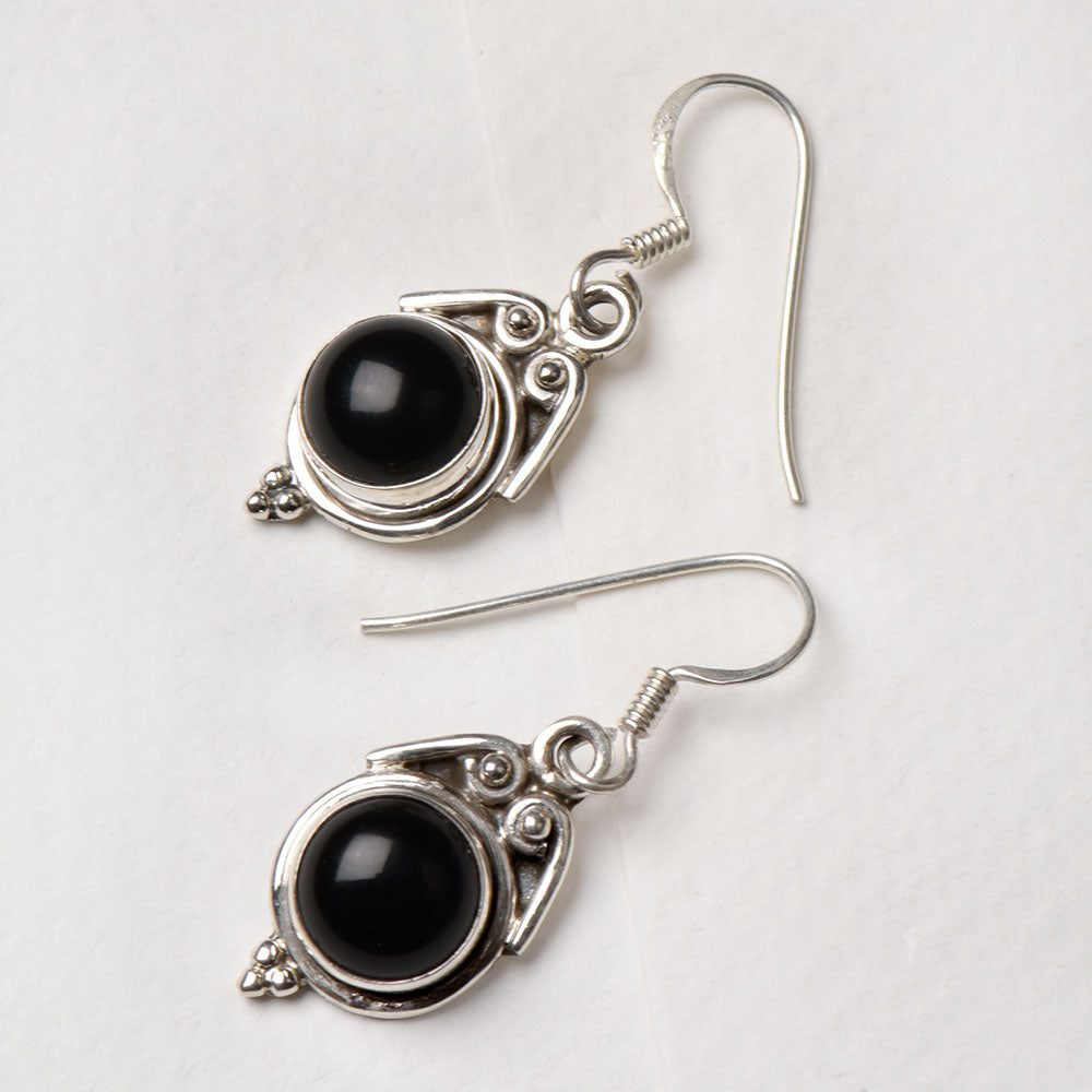 Detail of Black Onyx Round Drop Earrings showing the artisanal workmanship and 92.5 Sterling Silver sheen