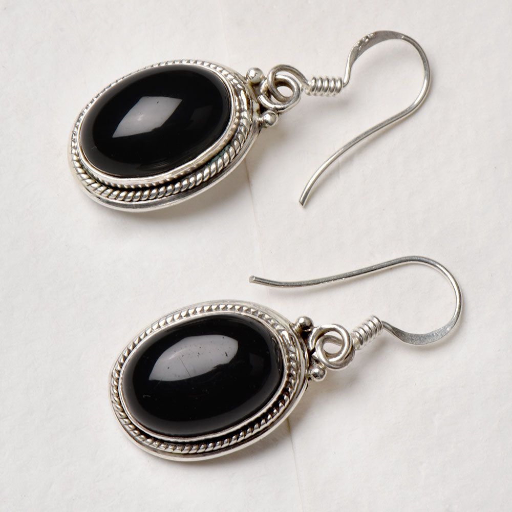 Detail of Black Onyx Oval Earrings showing the artisanal workmanship and 92.5 Sterling Silver sheen