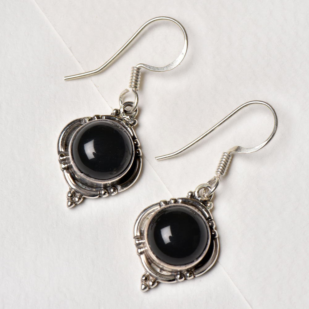 The Black Onyx Round Drop Earrings displayed with its subtle quiet design and Black Onyx stone