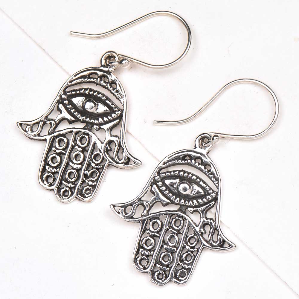 Delicate hamsa hand evil earrings inspired by Rajasthani art