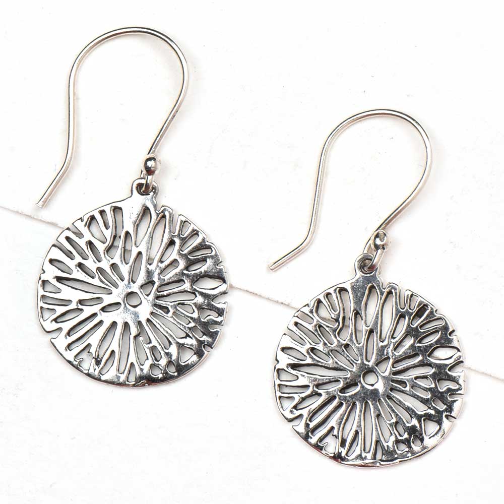 Close-up view of 92.5 sterling silver floral earrings design