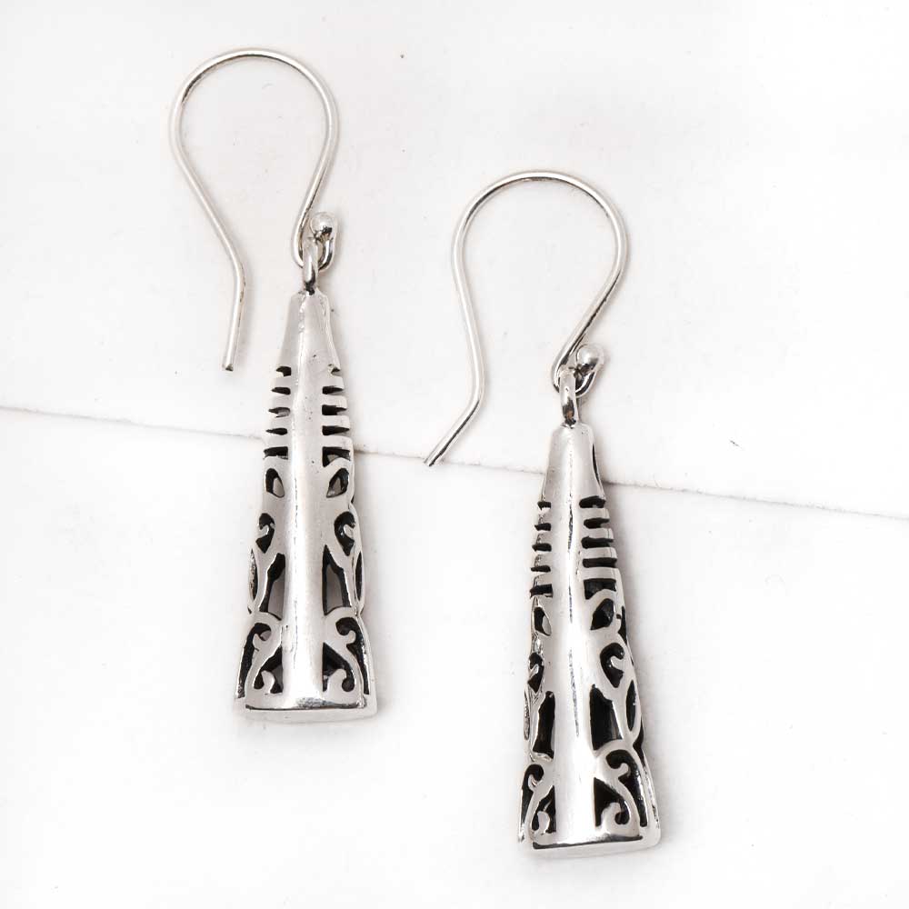 Close-up view of 92.5 sterling silver drop cone triangular drop earrings design