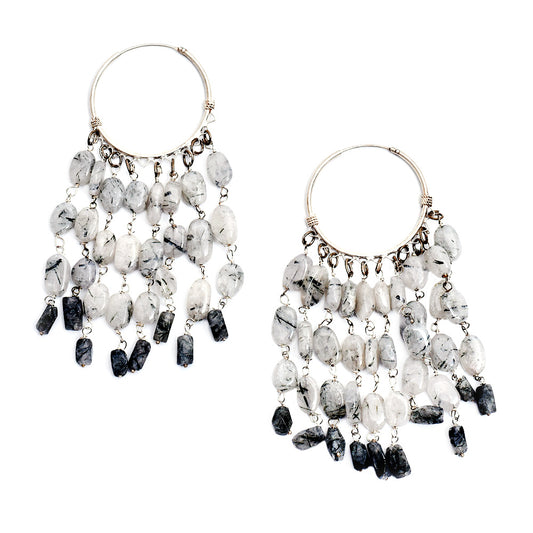 Artistic composition of tribal grey white hoop earrings with Silver & White embellishments and 92.5 Sterling Silver.
