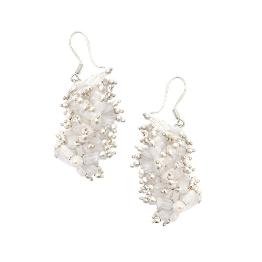 Artistic composition of moonstone moon earrings with Silver & White embellishments and 92.5 Sterling Silver.
