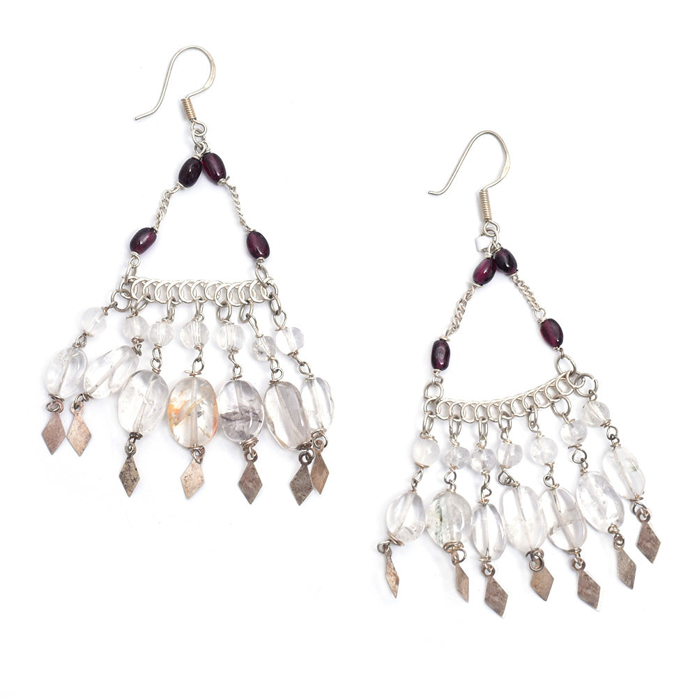 Artistic composition of garnet earrings with Silver & White embellishments and 92.5 Sterling Silver.
