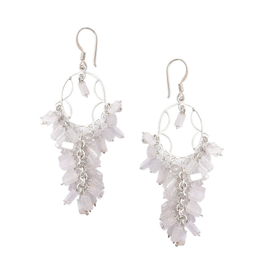 Artistic composition of white stone jhumki jhumki earrings with Silver & White embellishments and 92.5 Sterling Silver.