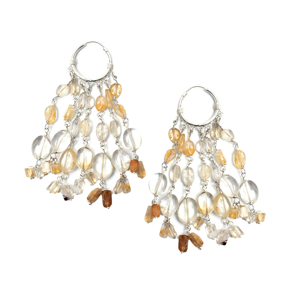 Artistic composition of golden tone beads hoop earrings with Silver & White embellishments and 92.5 Sterling Silver.