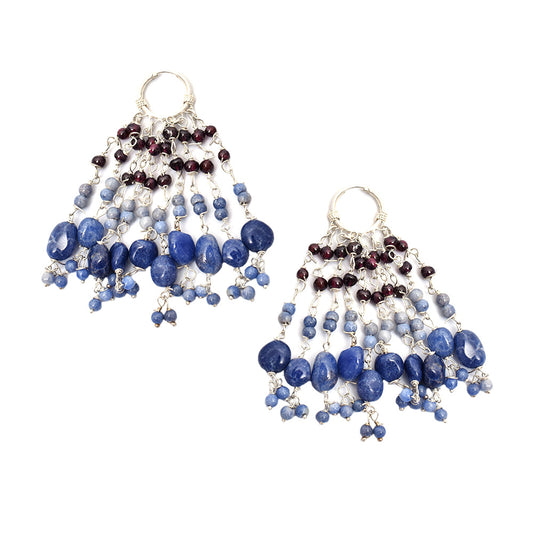 Handmade Blue Beads Chandelier Hoop 92.5 Sterling Silver Earrings