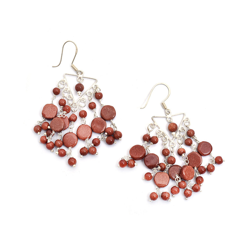 Artistic composition of sunstone cabochon earrings with Silver & Red embellishments and 92.5 Sterling Silver.
