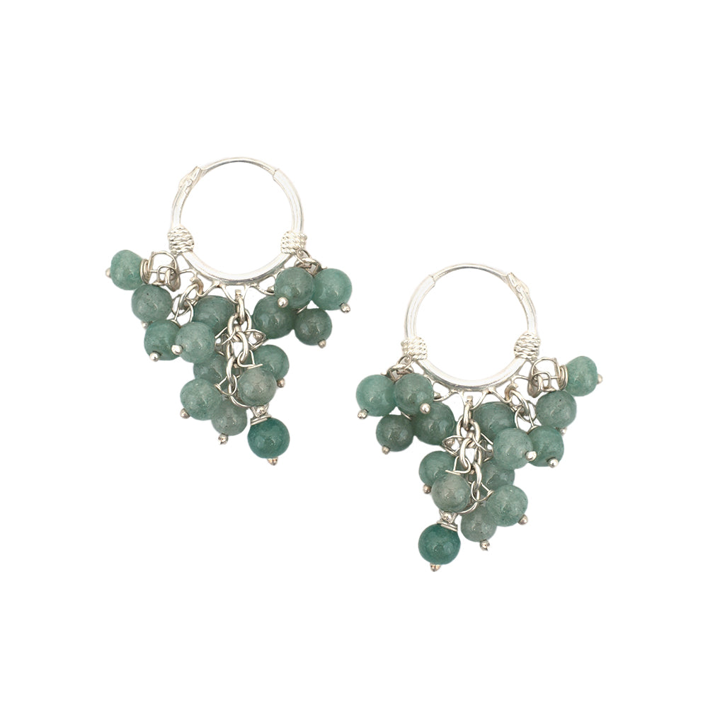 Detailed shot of Green Onyx Round Hoop Earrings design in 92.5 Sterling Silver.