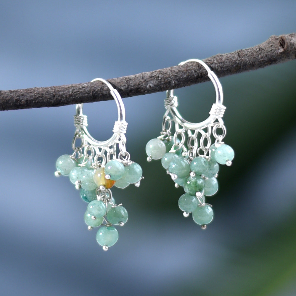 Model wearing Green Onyx Round Hoop Earrings, highlighting size and 92.5 Sterling Silver.