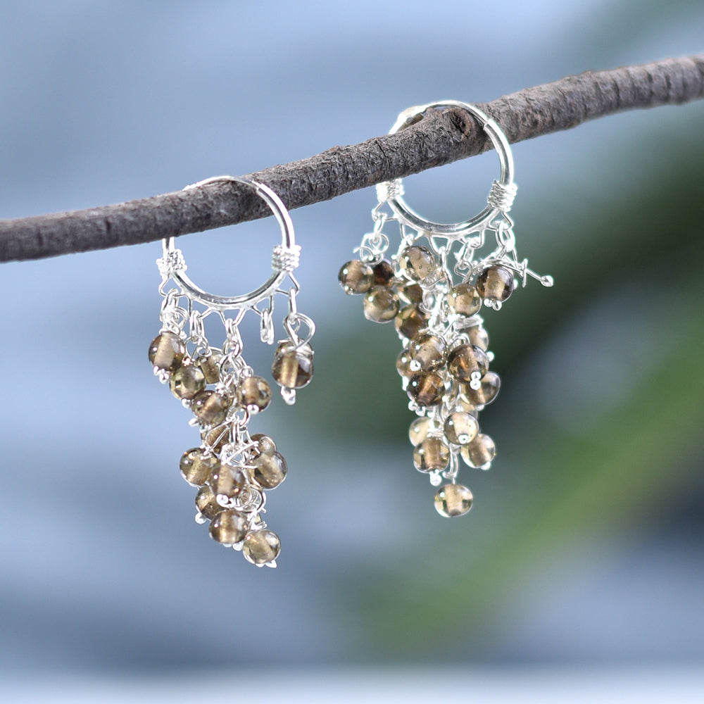 Model wearing Brown Bunch Hoop Earrings, highlighting size and 92.5 Sterling Silver.