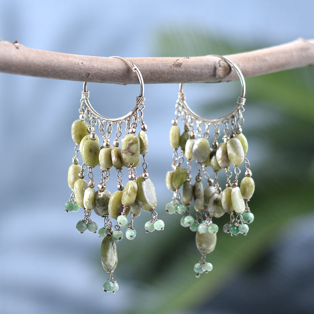 Model wearing Light Green Beaded Drop Earrings, highlighting size and 92.5 Sterling Silver.