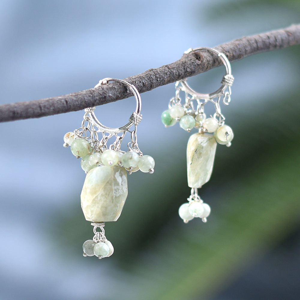 Model wearing Labradorite Dangle Earrings, highlighting size and 92.5 Sterling Silver.