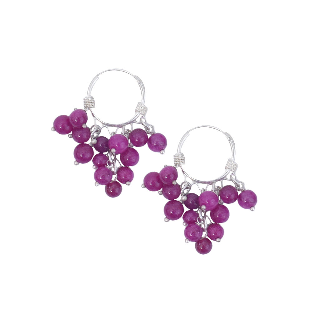 Detailed shot of Pink Beaded Ring Hoop Earrings design in 92.5 Sterling Silver.