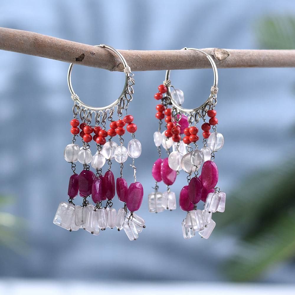 Model wearing Multi Bead Dangle Earrings, highlighting size and 92.5 Sterling Silver.