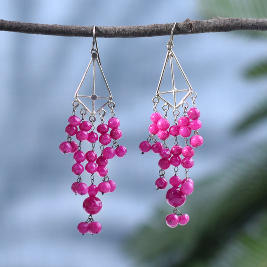 Model wearing Pink Chalcedony Chandelier Earrings, highlighting size and 92.5 Sterling Silver.