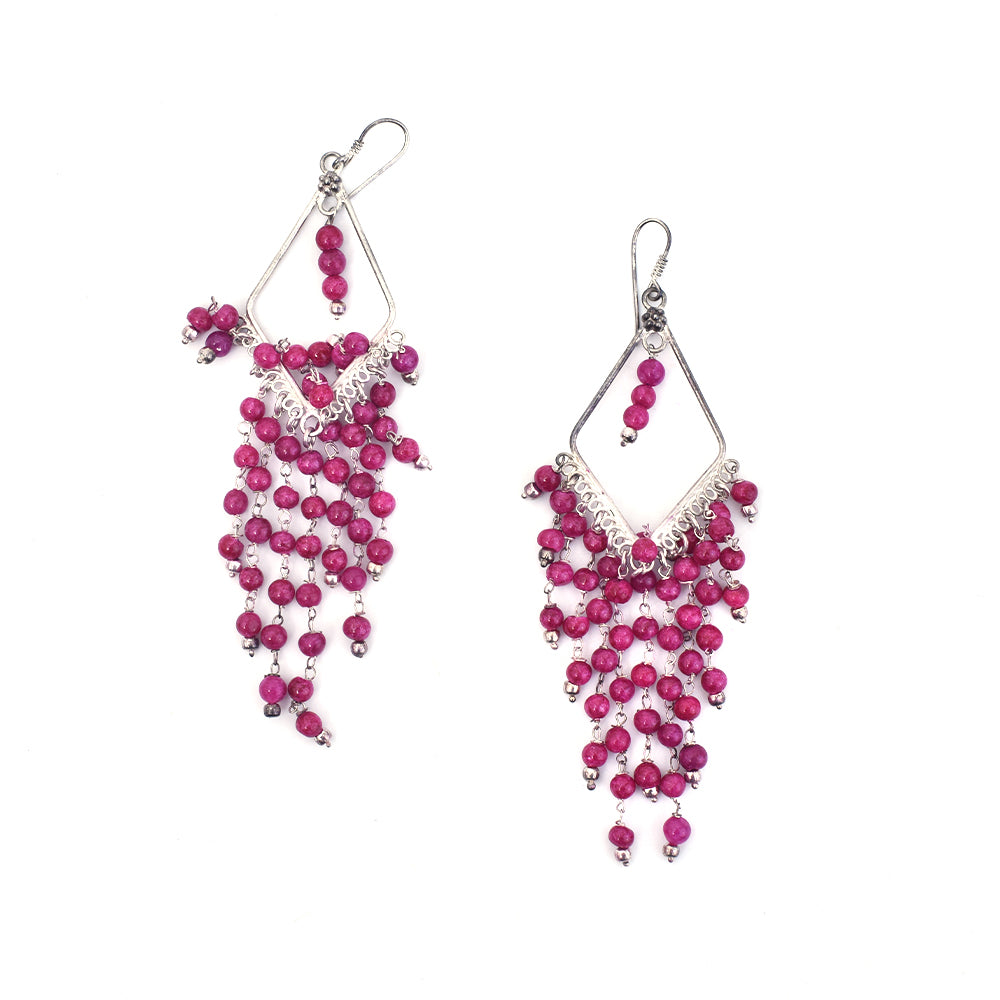 Detailed shot of Pink Bead Layered Earrings design in 92.5 Sterling Silver.